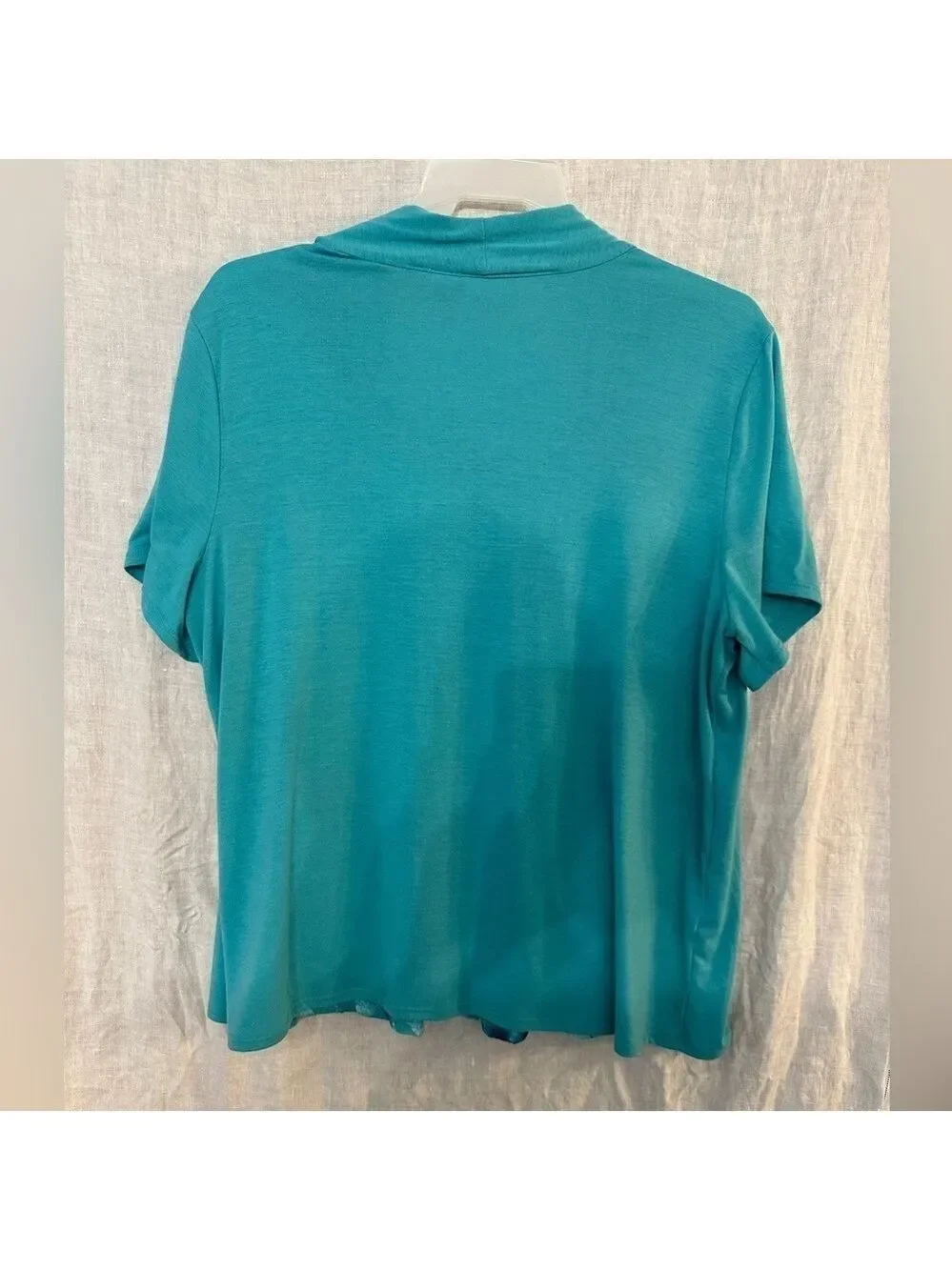Kim Rogers Teal Short sleeve 2 Piece Look Dressy top Diagonal ribbons on insert